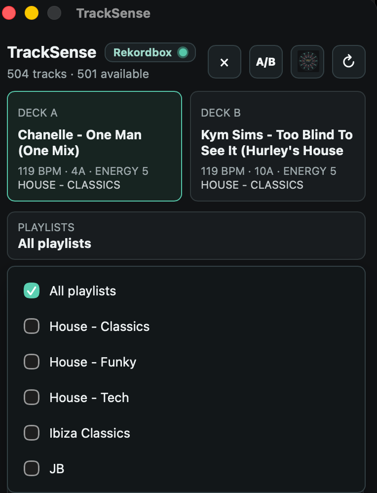 Rekordbox playlists used to organise DJ music for a set