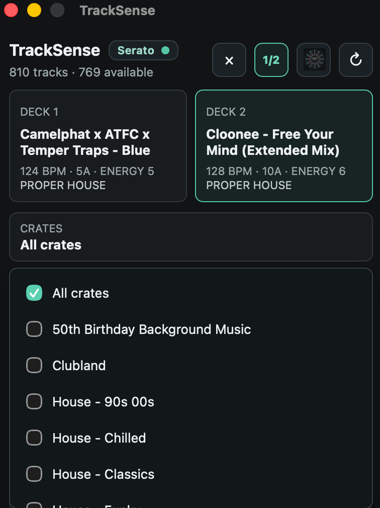 Serato crate view used to organise a DJ music library