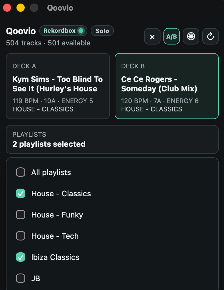 Qoovio filtering recommendations by Rekordbox playlists