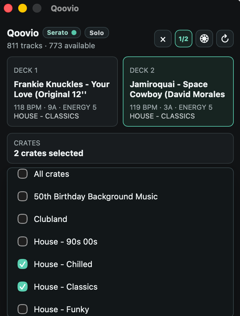 Qoovio filtering recommendations by Serato crates